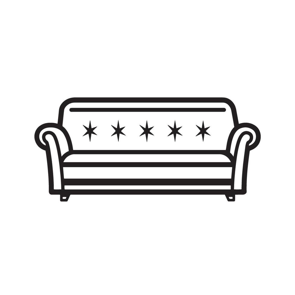 Simple illustration of a classic sofa with star accents and a black and white silhouette. vector