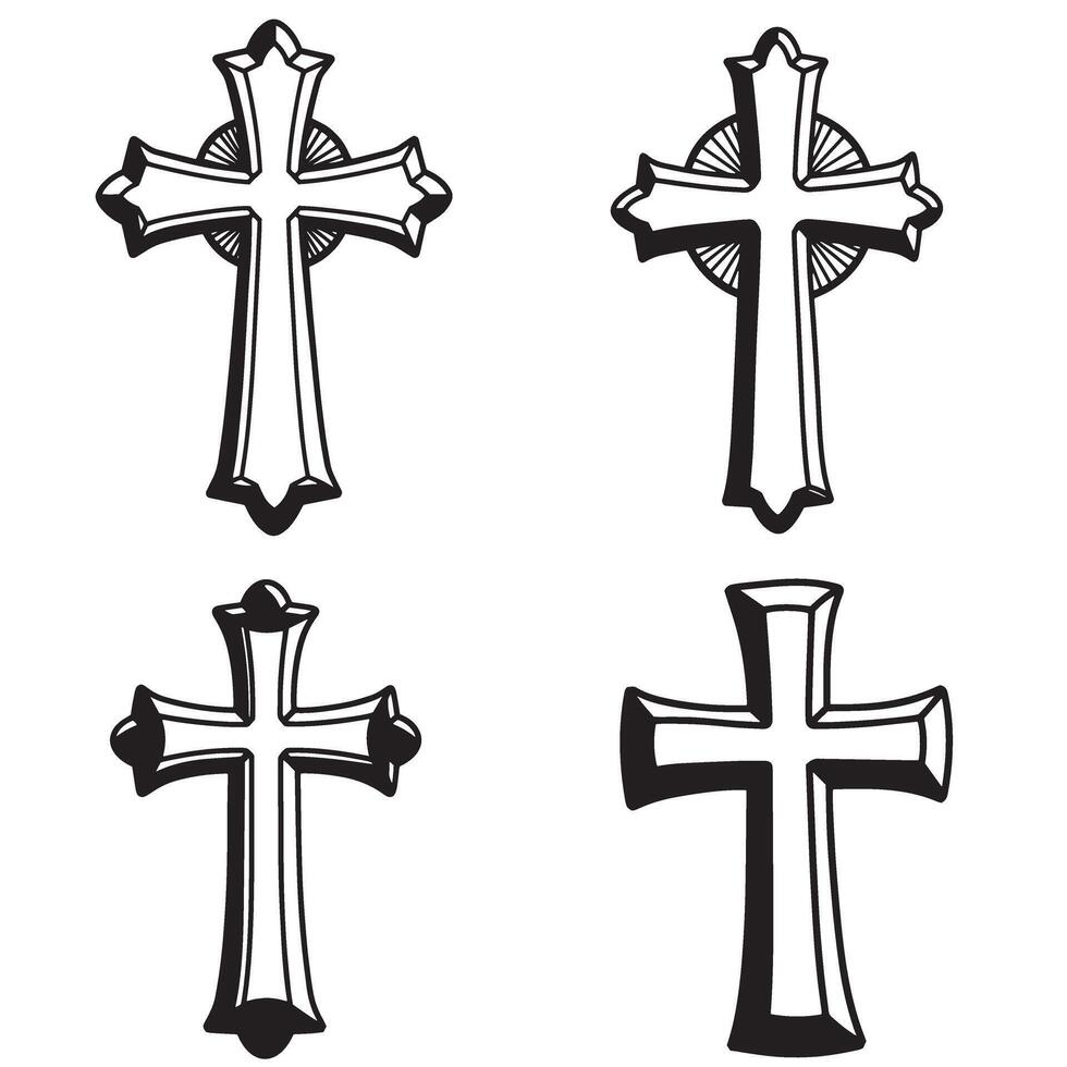 Set of four detailed black and white silhouette crosses design elements symbolizing faith christianity and religion vector
