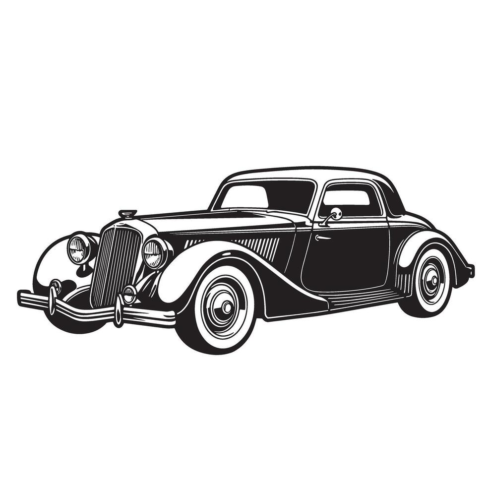 Classic vintage automobile black and white silhouette depicting a stylish coupe car from the era of the thirties on white background. vector