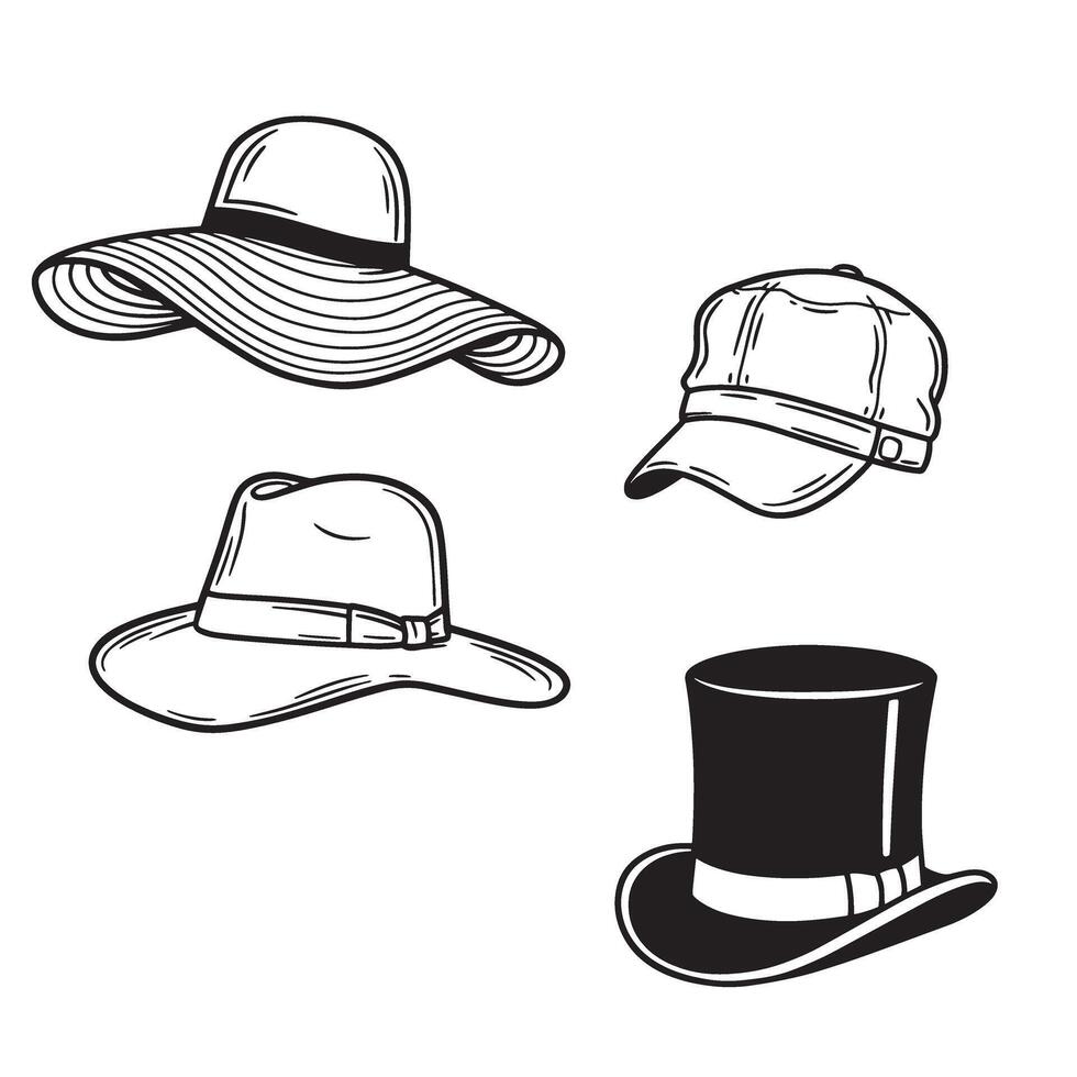 A collection of elegant hat silhouettes in black and white depicting different styles and classic headwear designs vector