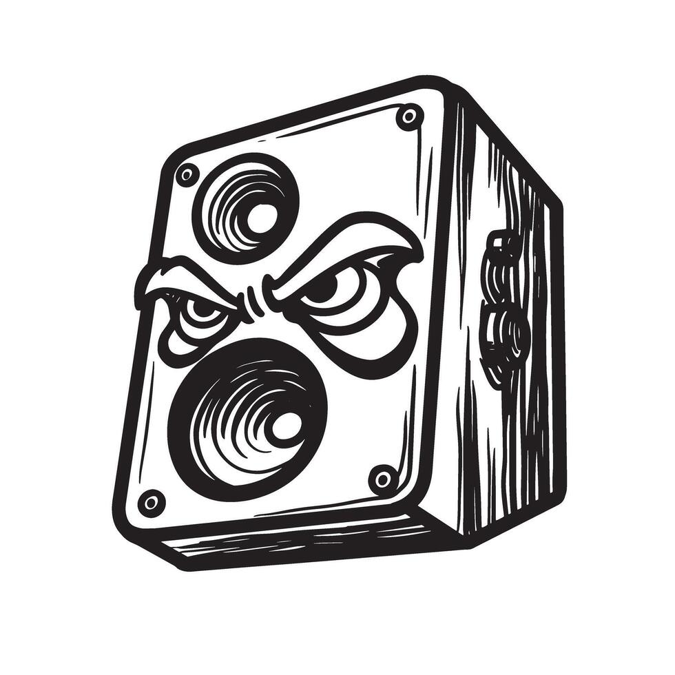 illustration of an angry grinning silhouette loudspeaker in a detailed and expressive black and white drawing vector