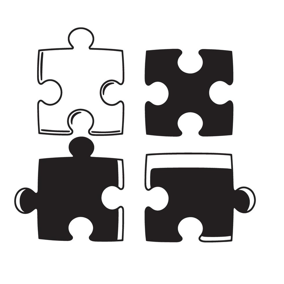 Four puzzle pieces in black and white representing connection solution teamwork and integration concepts vector