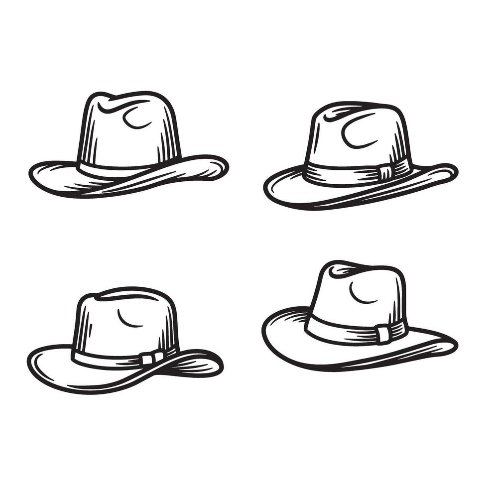 A set of four elegant black and white silhouette fedora hats in different angles and styles for fashion design vector