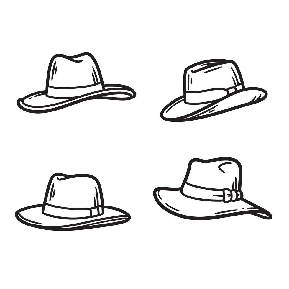 Four hand drawn ink silhouettes depicting stylish fedora hats in various classic designs perfect for fashion related projects vector