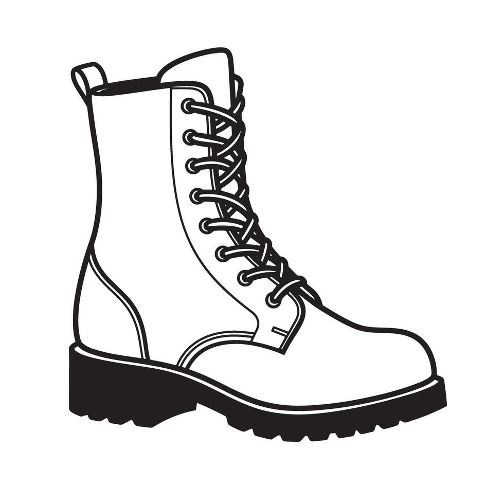 A detailed black and white illustration of a combat silhouette boot showcasing the intricate design and laced-up style. vector