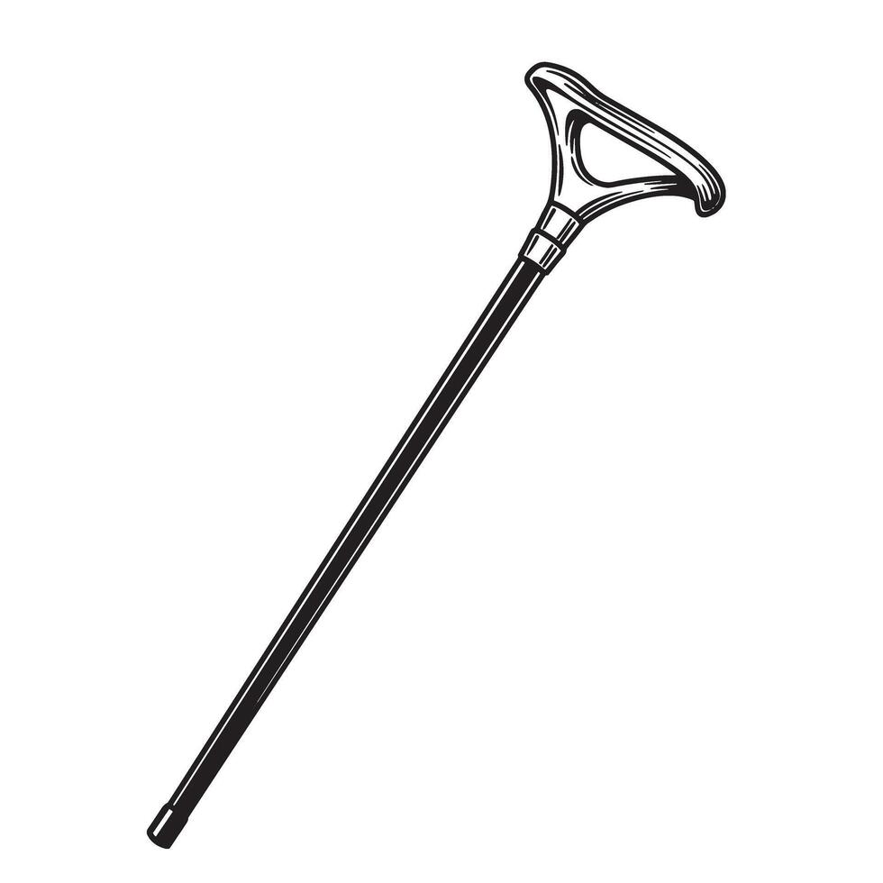 Elegant hand drawn black and white silhouette illustration of a classic walking cane depicting mobility and grace vector