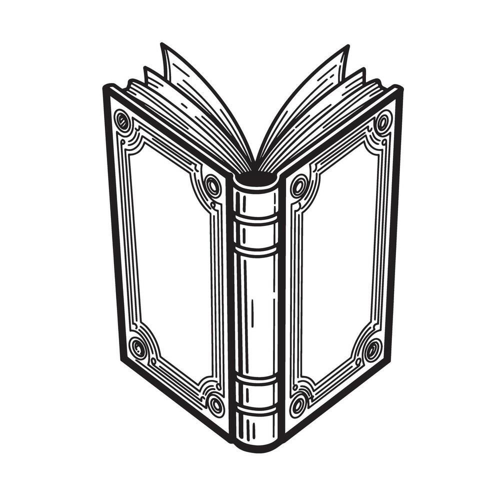 An elegant black and white silhouette illustration showcasing a vintage open book with decorative details perfect for education and knowledge concepts. vector