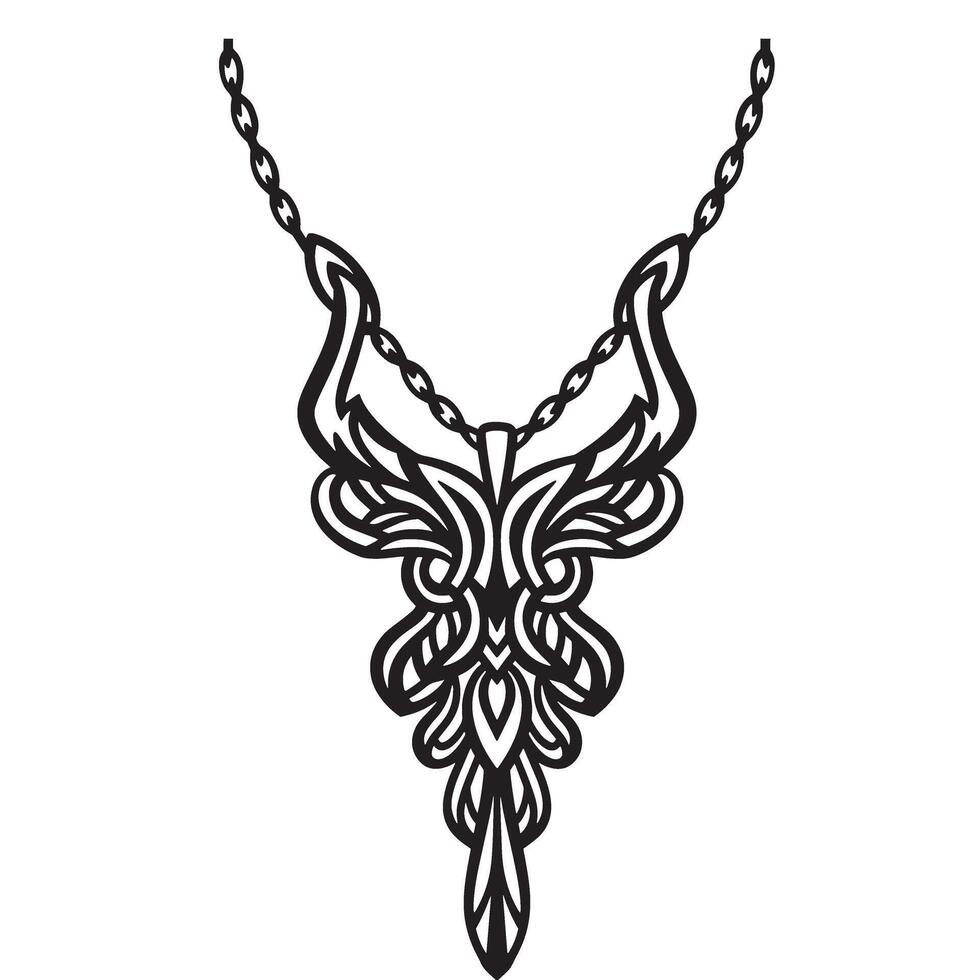 Elegant intricate silhouette necklace design featuring stylized wings chains and floral elements perfect for jewelry design and graphic use vector