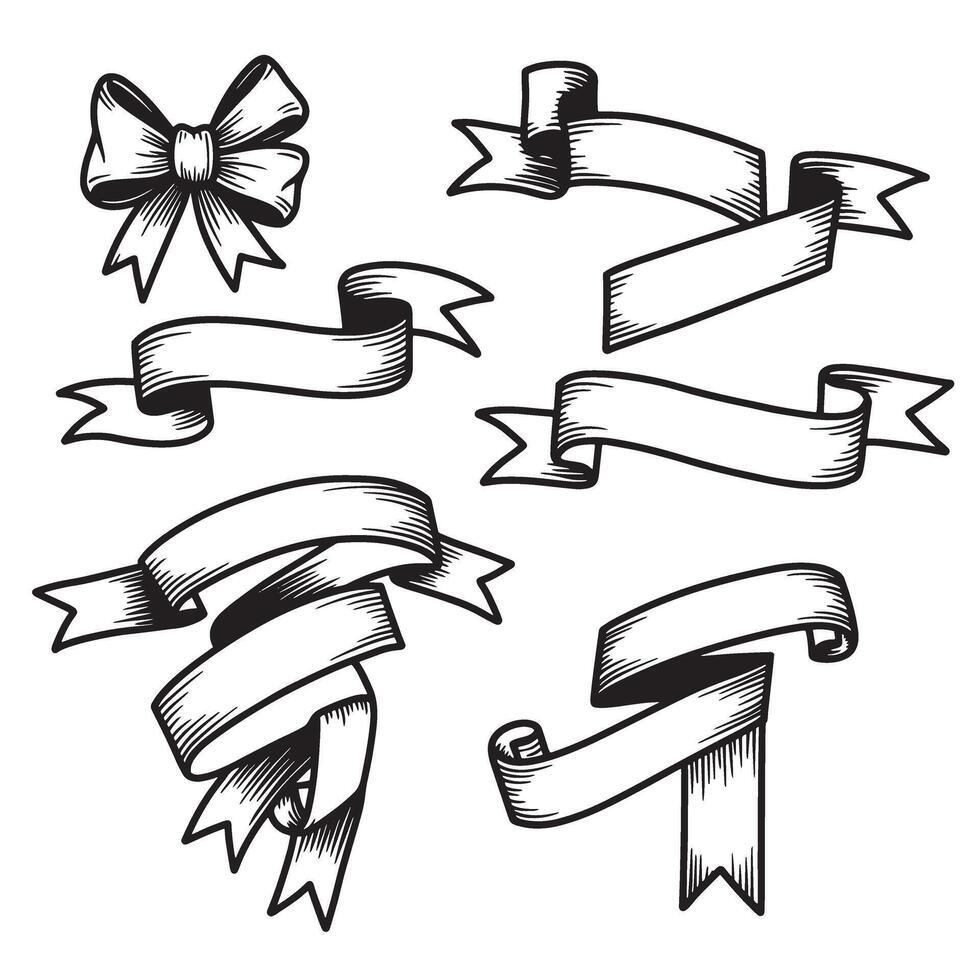 Elegant hand drawn illustration of various ribbon banners and a decorative bow silhouette design element for stylish announcements vector