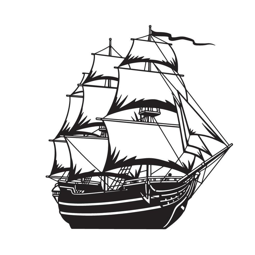 A bold silhouette illustration of a majestic sailing ship with billowing sails in an elegant black and white design. vector