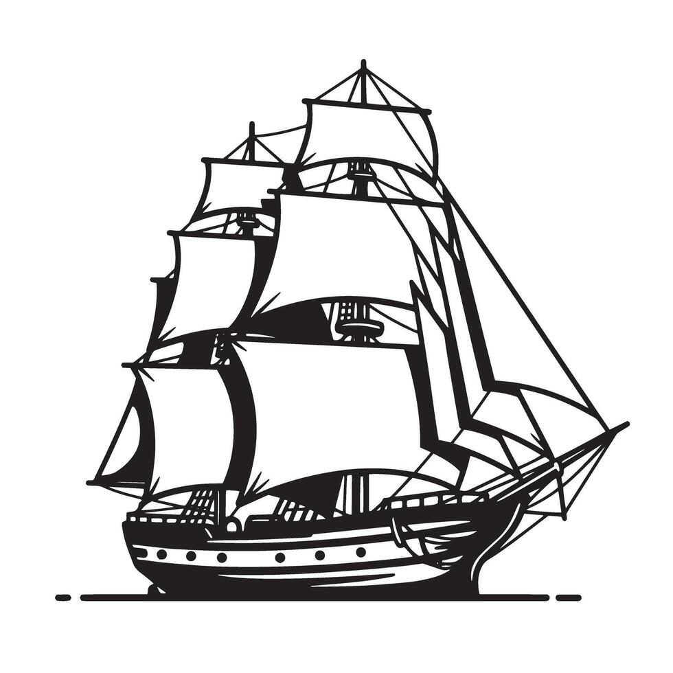 Classic sailing ship silhouette illustration depicting an antique boat with detailed sails and rigging isolated on a white background vector