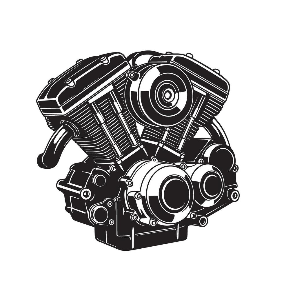 Detailed black and white silhouette illustration of a powerful v twin motorcycle engine depicting mechanical engineering and industrial design vector
