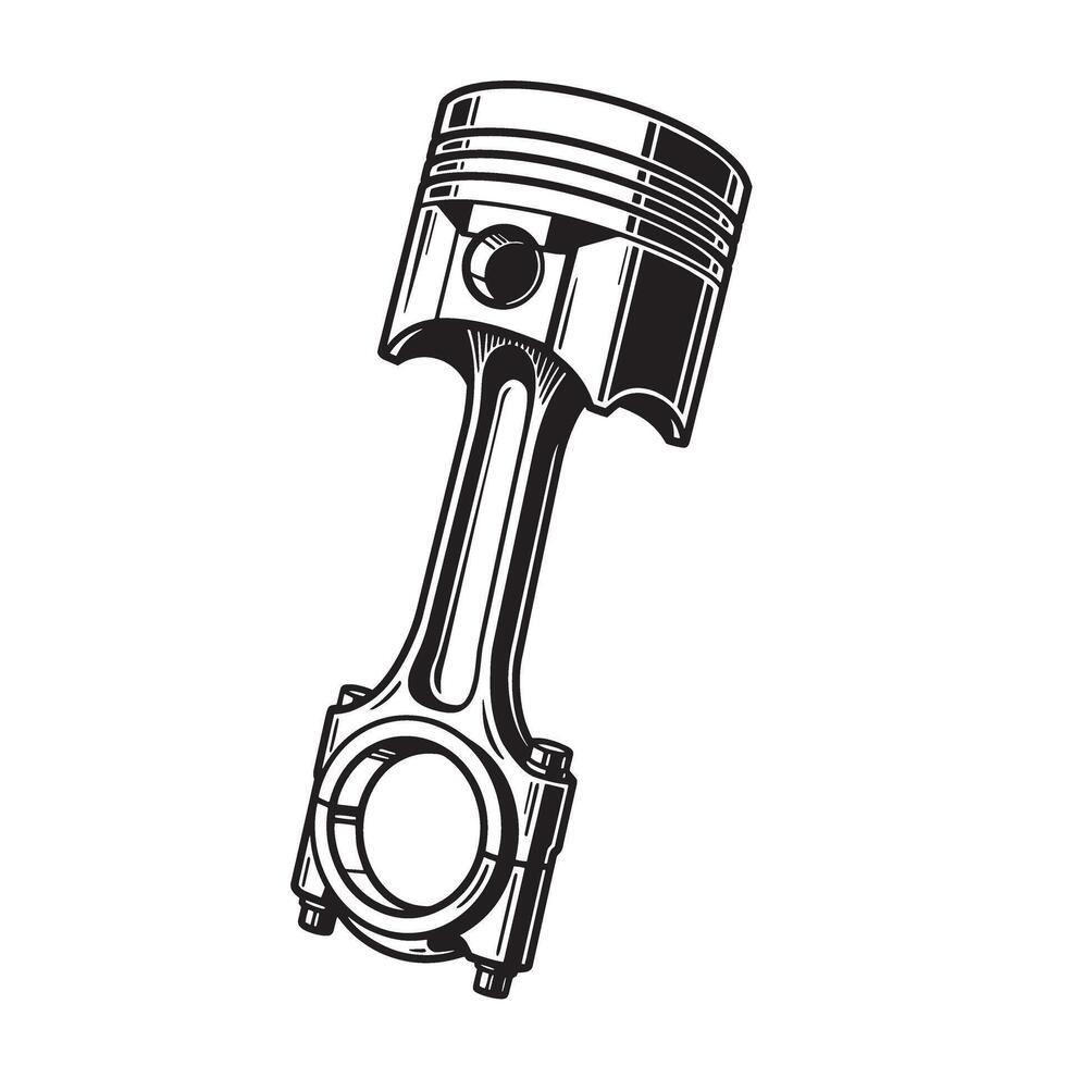 Detailed silhouette illustration of a piston and connecting rod component representing automotive engine mechanics and engineering vector
