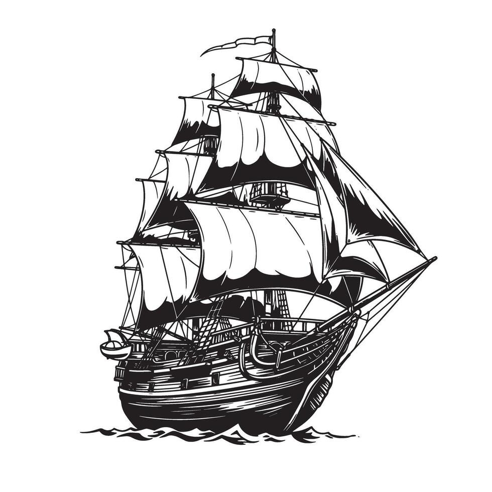 Classic silhouette of a detailed sailing ship with billowing sails and nautical design against a clean white background. vector