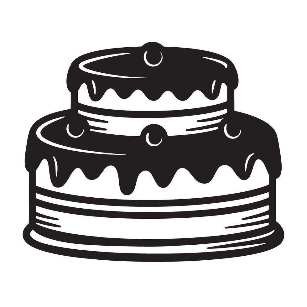 Two tiered chocolate cake graphic silhouette illustration for celebrations food and desserts with decorative frosting design vector