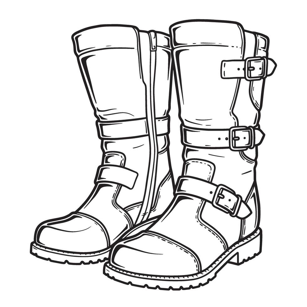 Detailed hand-drawn silhouette illustration of motorcycle boots with buckles zipper and rugged outsole showing classic biker style footwear vector