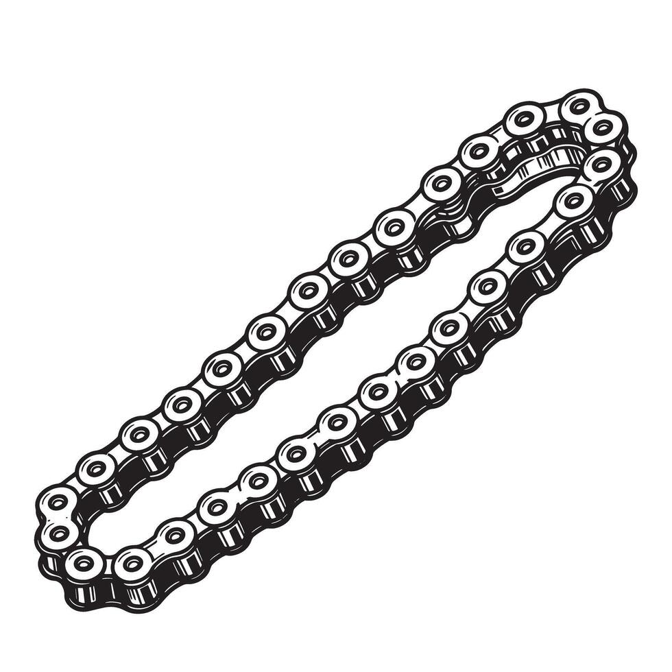 Detailed black and white silhouette illustration of a motorcycle chain on a white background perfect for mechanical designs vector