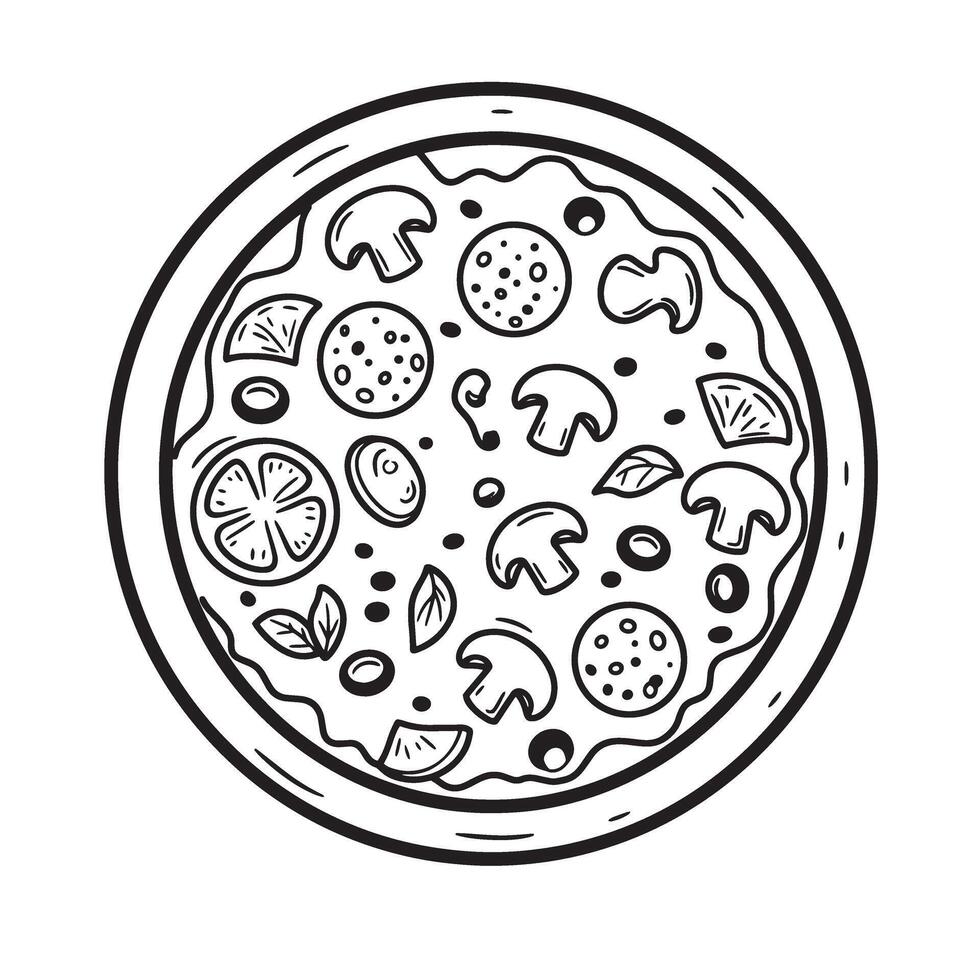 A delicious hand drawn silhouette pizza topped with mushrooms pepperoni tomato slices olives and basil leaves vector