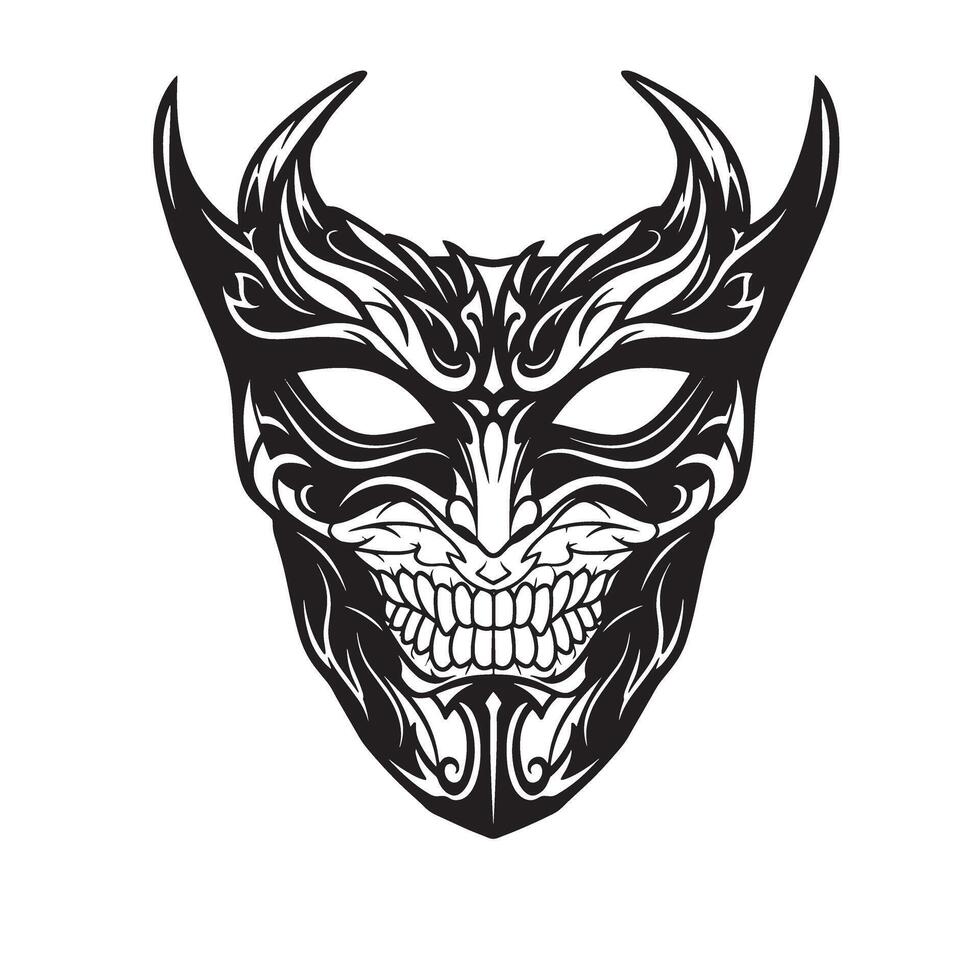 Intricate silhouette depicting a devilish mask with horns and detailed ornamental tattoo artistry on a white background vector