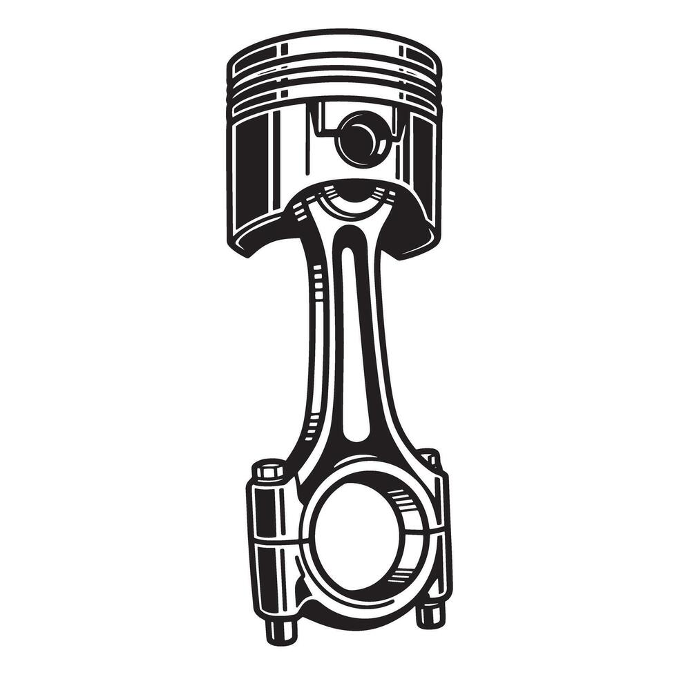 A meticulously rendered black and white illustration of a detailed piston and connecting rod a crucial engine component vector