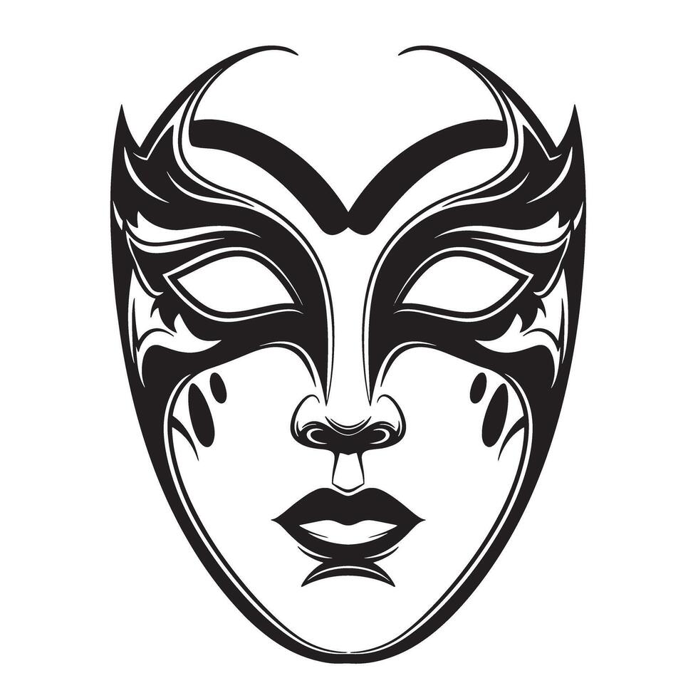 Elegant black and white silhouette of a venetian masquerade mask depicting a face design for creative party invitations or decorative graphic elements vector