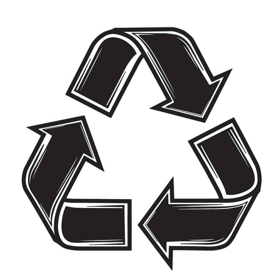 Black and white hand drawn silhouette of a recycle symbol illustrating environmental sustainability and conservation concepts vector