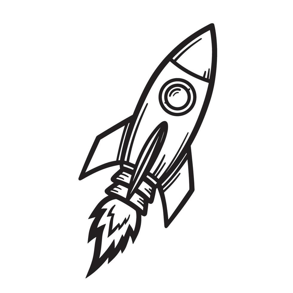 Upward flying black silhouette rocketship with powerful flames representing space travel and exploration adventures vector