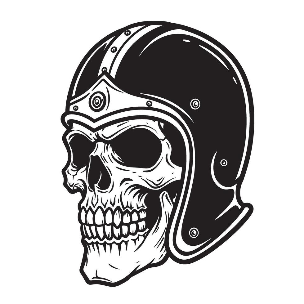 A detailed monochromatic skull illustration wearing a retro motorcycle helmet with a decorative head piece depicting a silhouette. vector