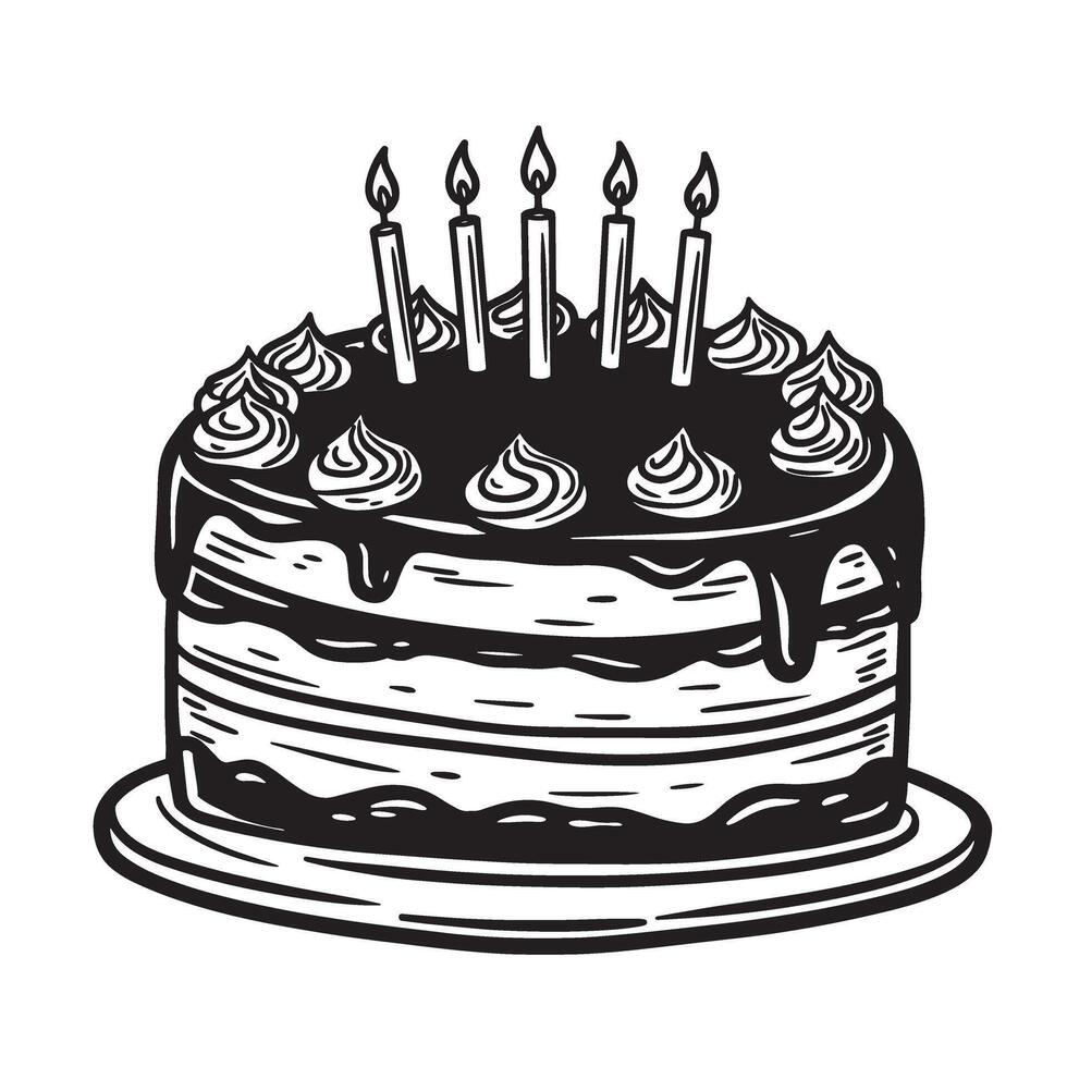 Delicious silhouette illustration of a tiered birthday cake with lit candles and decorative frosting on a white background vector