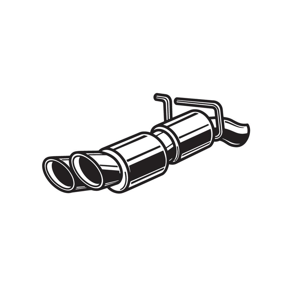A detailed black and white silhouette illustration depicting a stylized dual exhaust system component commonly used on various types of automobiles vector