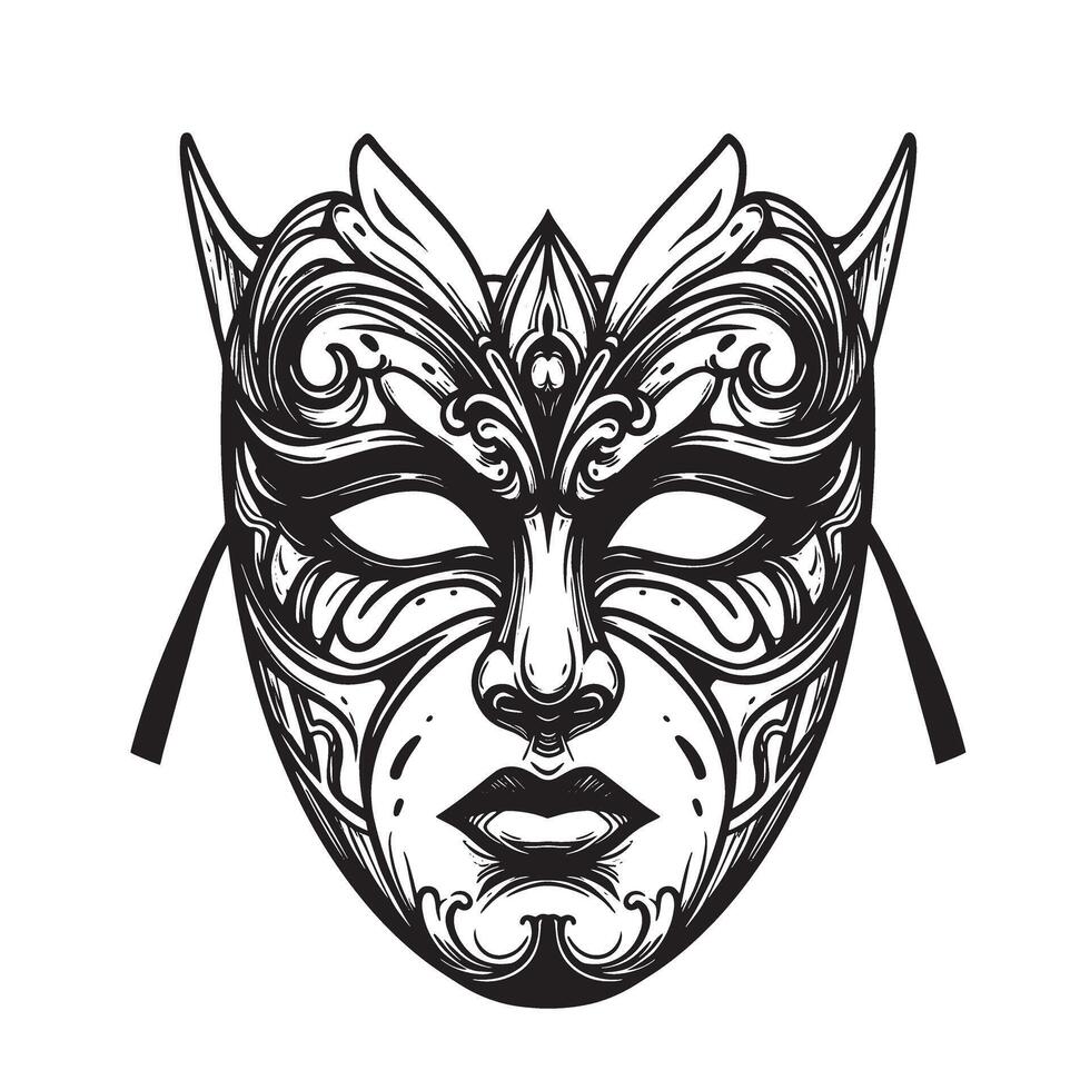 Detailed silhouette of an ornate venetian mask with intricate swirls and decorative elements on white background vector