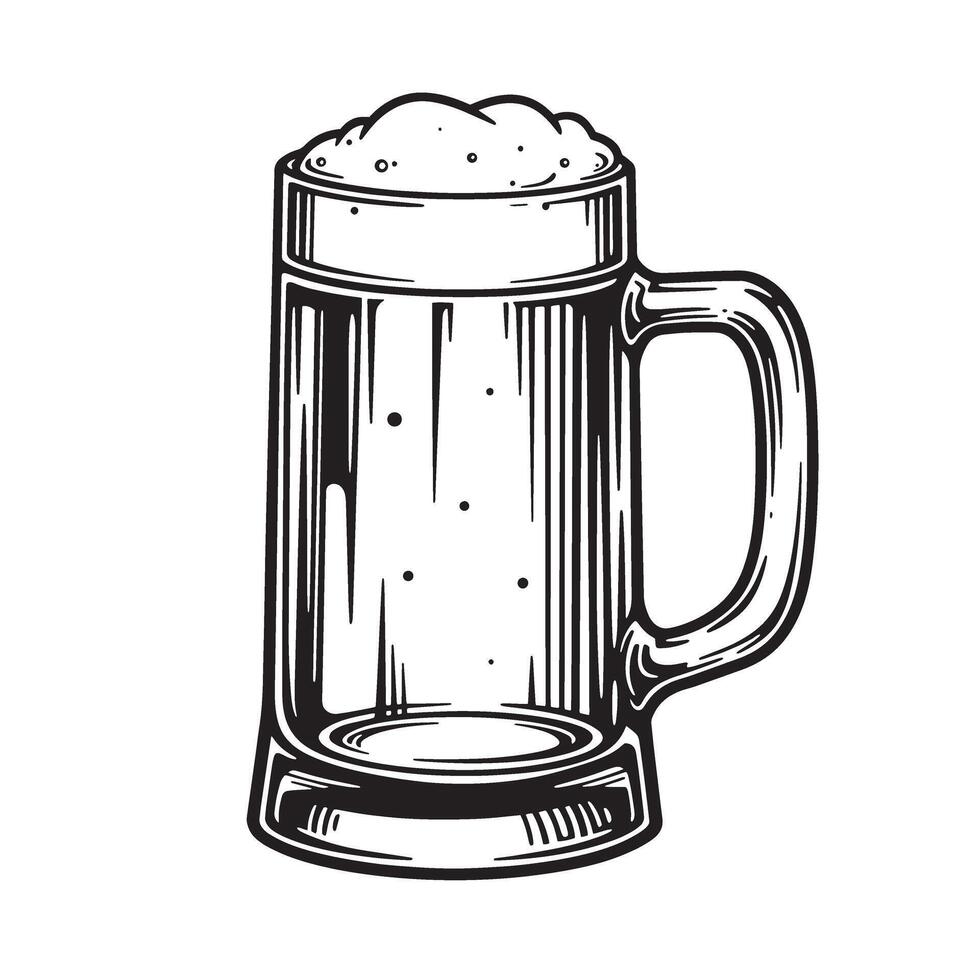 illustration of a classic beer mug filled with foamy brew depicted in detailed black and white silhouette design. vector