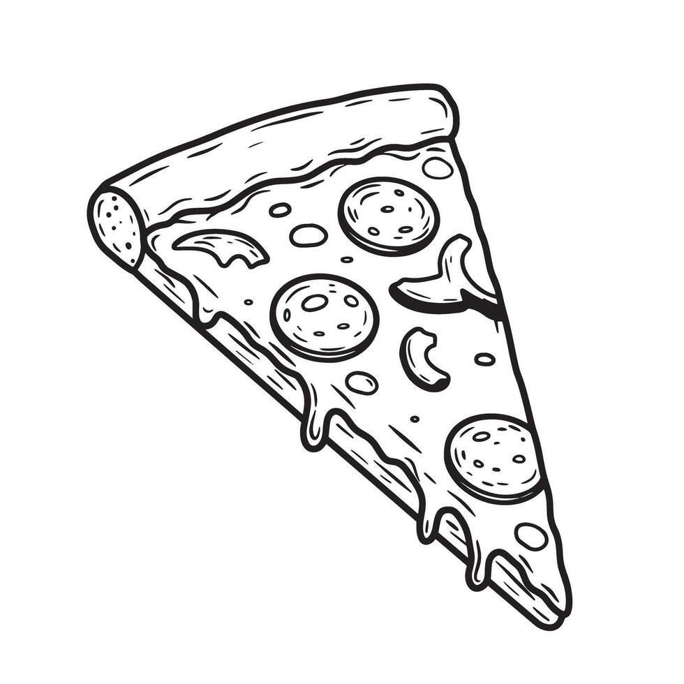 A delicious single slice of pizza illustrated in a simple black and white line art style featuring tasty pepperoni silhouette design. vector