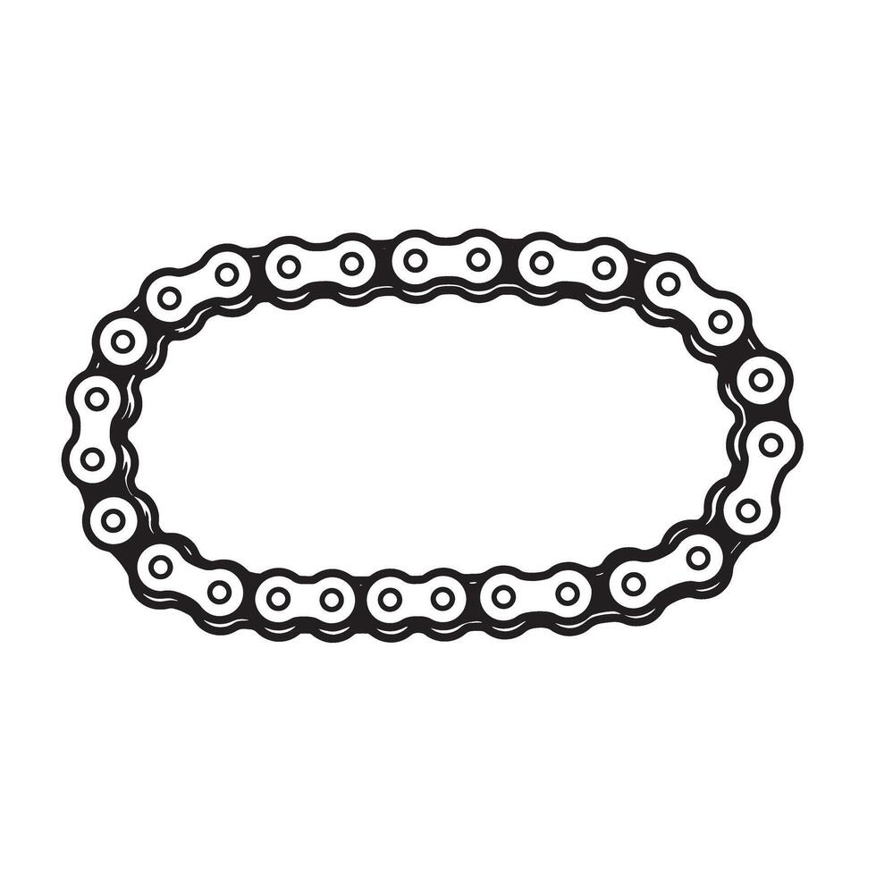 Black and white illustration of a bicycle chain arranged in a stylized oval shape with detailed design elements and silhouette vector