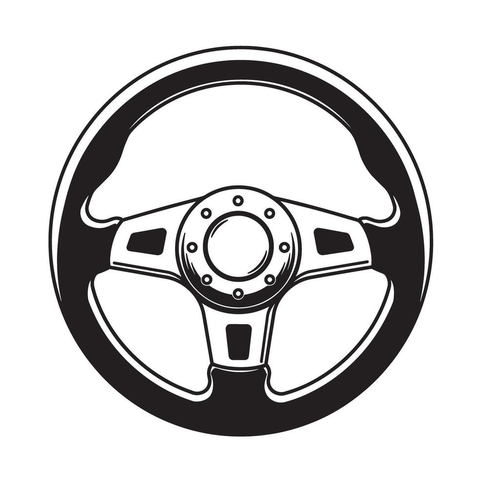 Detailed monochrome illustration of a classic car steering wheel design perfect for automotive themed projects silhouette art. vector