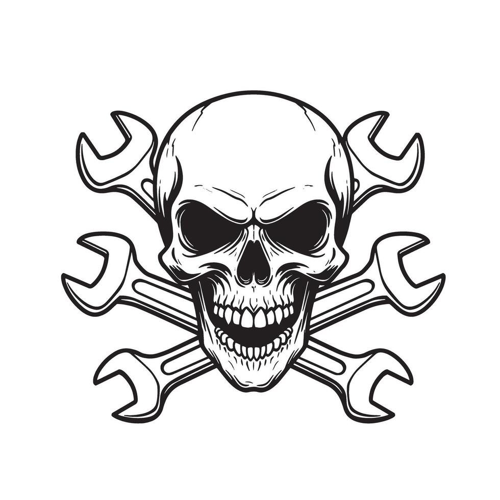 Skull mechanic silhouette with crossed wrenches depicting a bold automotive and repair symbol for diverse applications vector