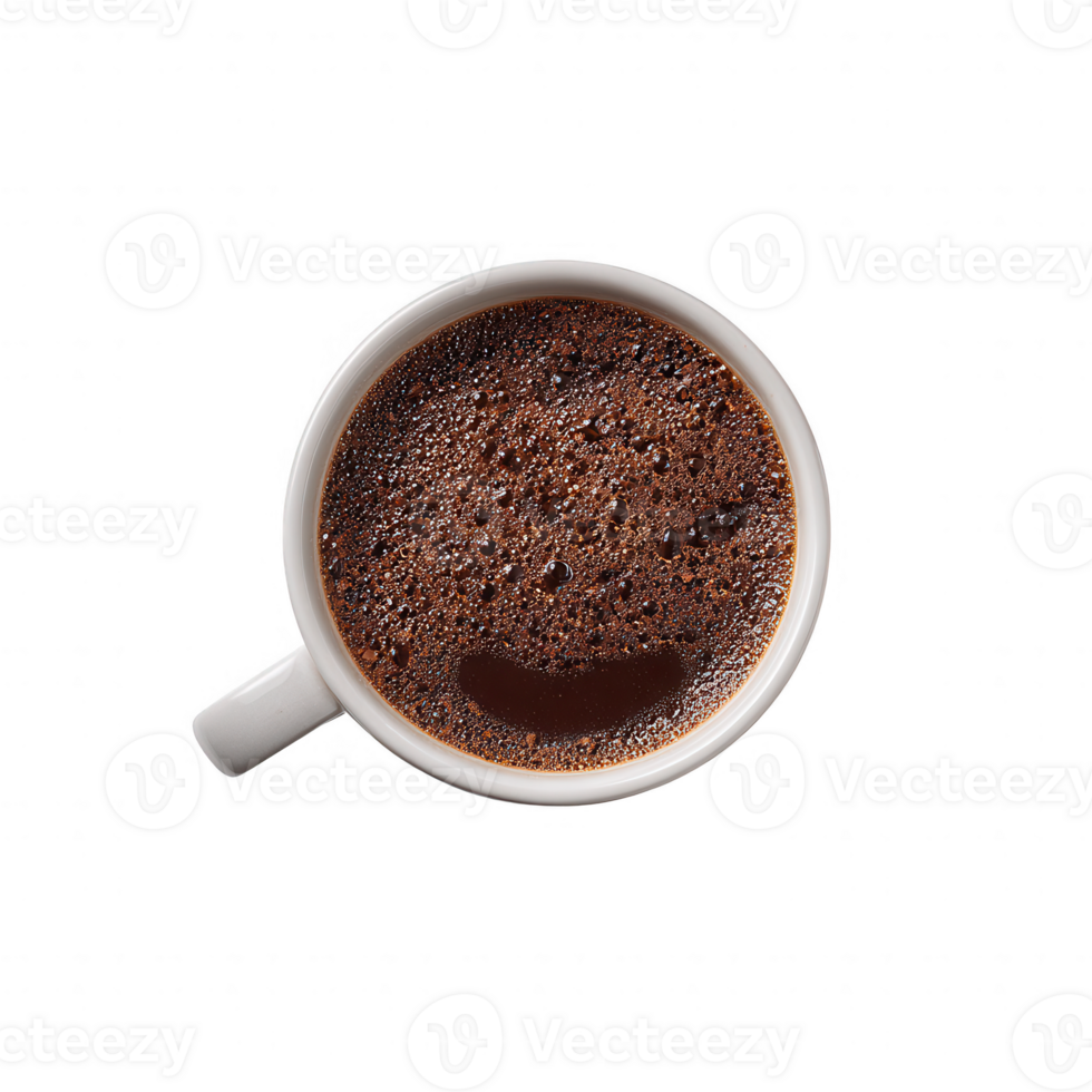 A top view of a white coffee cup filled with rich, dark coffee, showcasing its frothy surface and inviting aroma, perfect for a morning boost or afternoon delight. png