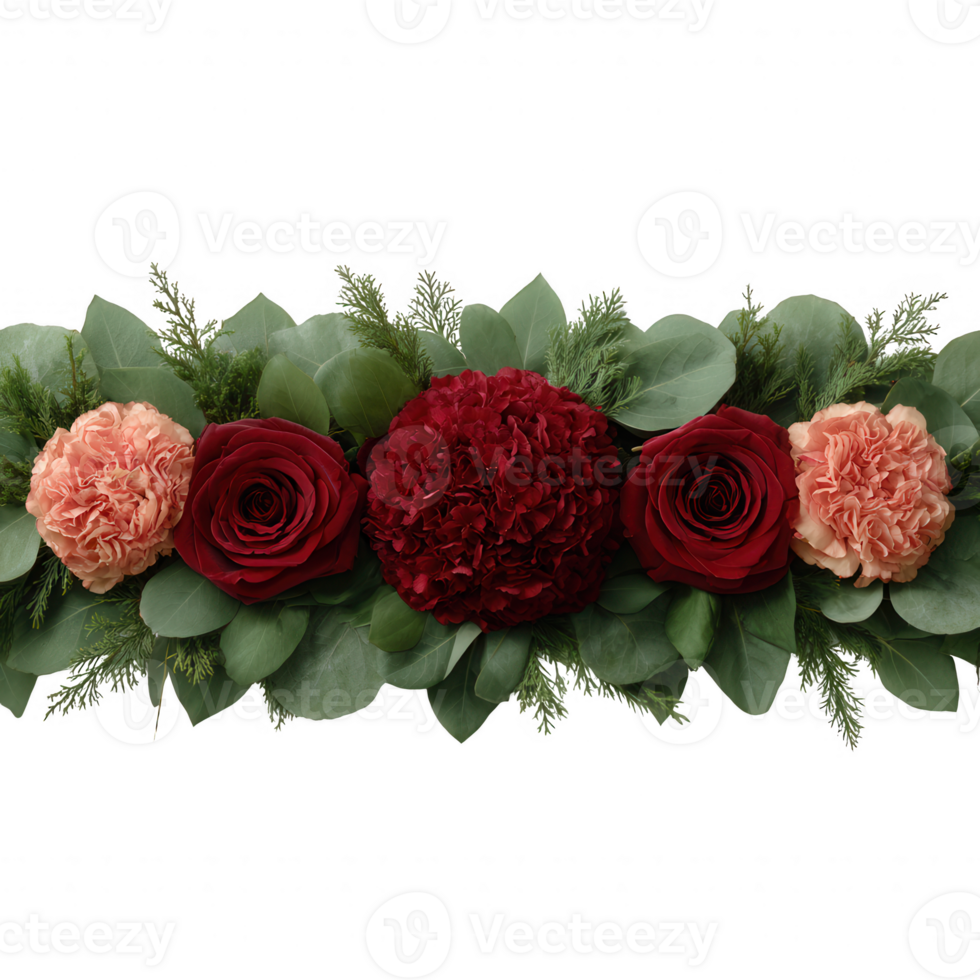 A vibrant arrangement of roses and carnations, showcasing deep reds and soft peaches surrounded by lush greenery, ideal for adding a touch of elegance to any decor. png