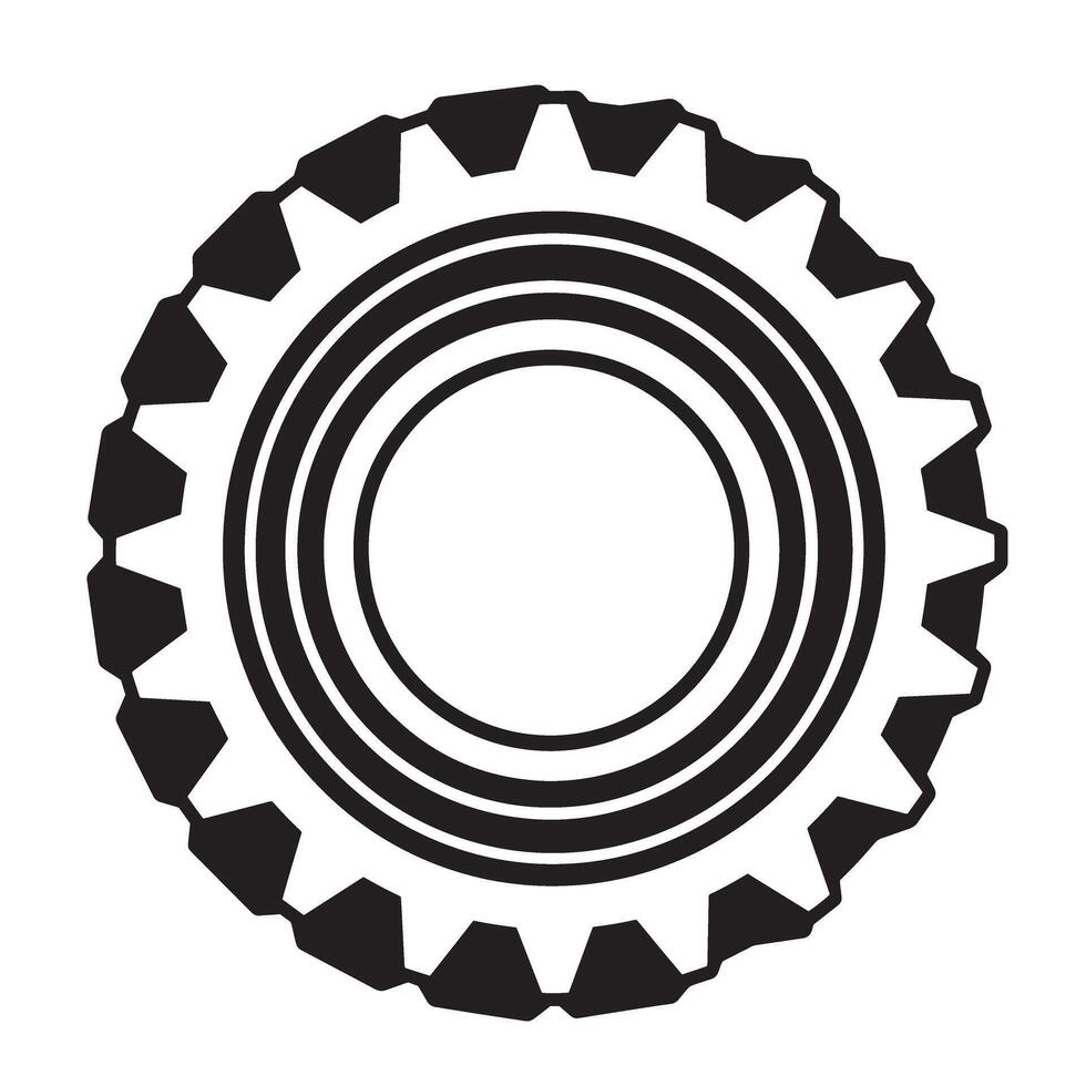 A bold black and white silhouette of a detailed gear element representing technology and industry components. vector