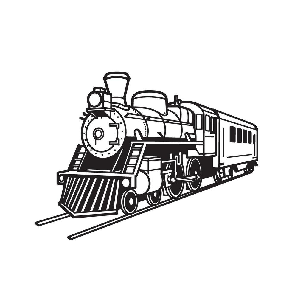 An illustrated silhouette of a classic steam locomotive train moving along its tracks on a white background. vector