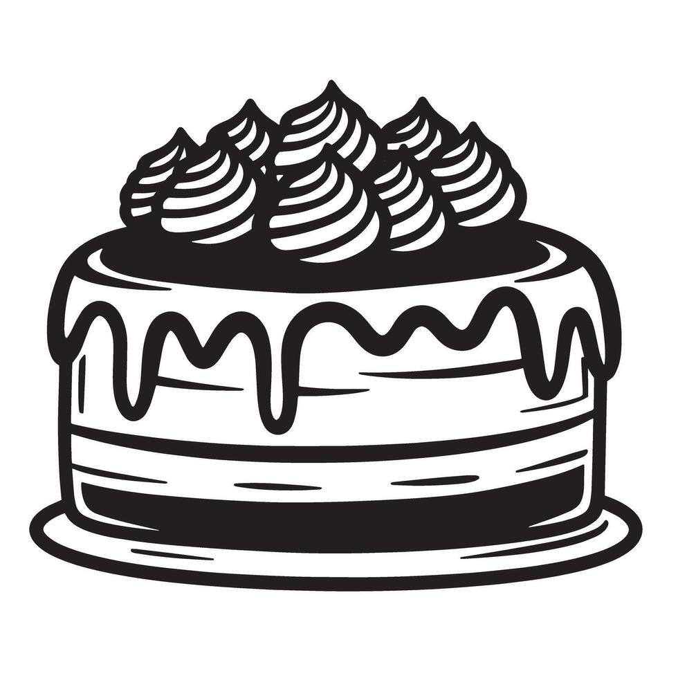 Black and white hand drawn silhouette illustration of a delicious cake with creamy frosting and decorative top elements. vector