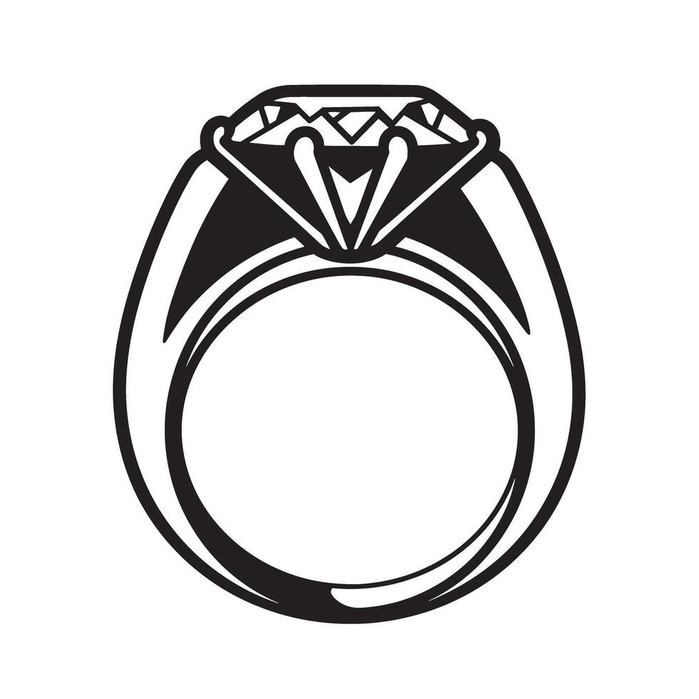 Elegant silhouette of a classic engagement ring featuring a sparkling diamond for weddings and romantic celebrations vector