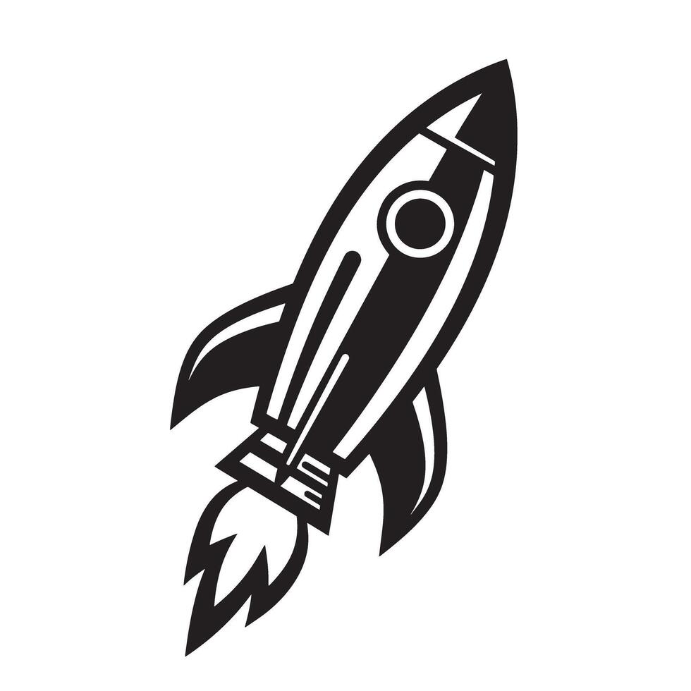Simple monochrome illustration of a retro-styled rocket ship blasting off against a plain white background in silhouette vector
