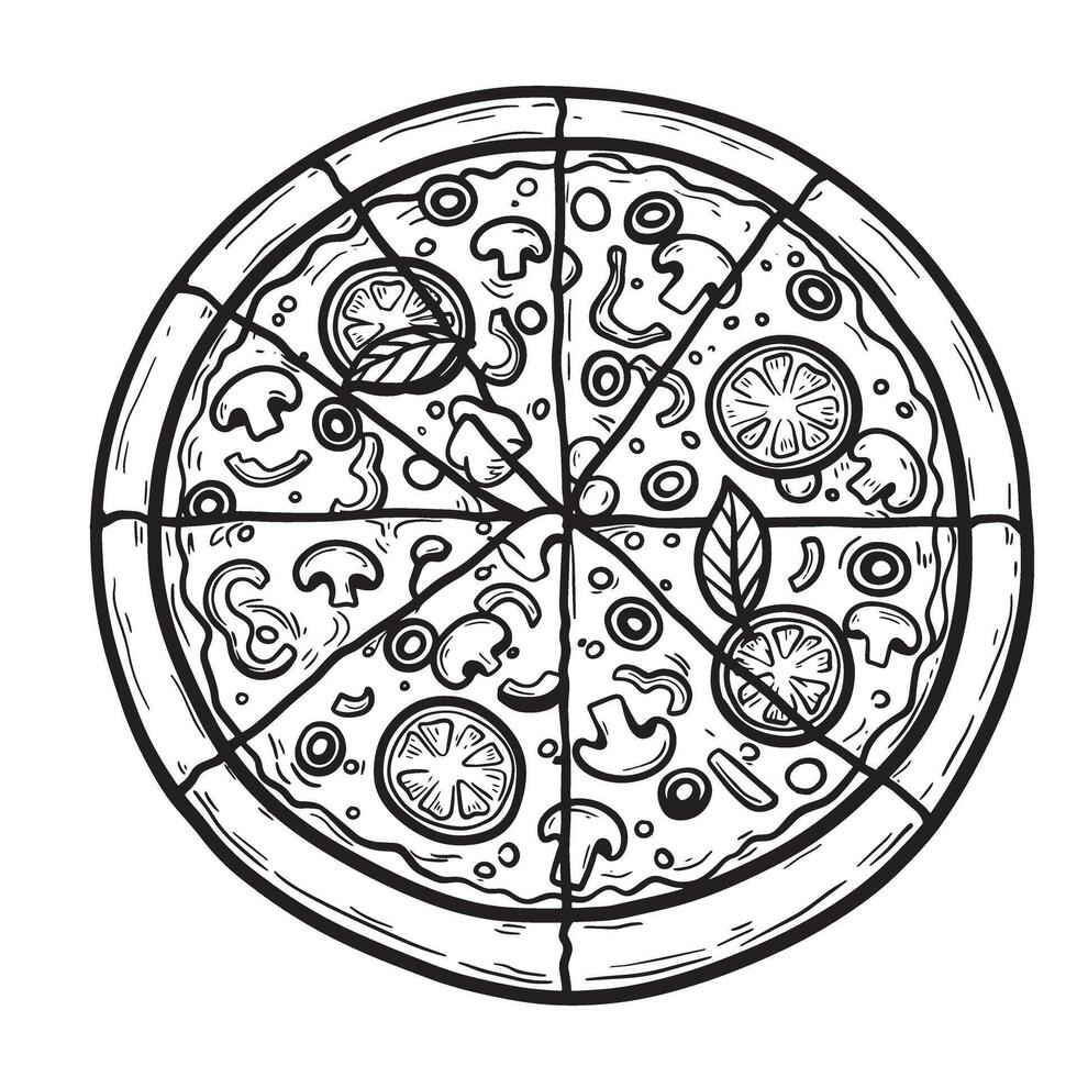 Black and white illustrative silhouette of a classic pizza featuring mushroom tomato and basil slice illustrations isolated on white background vector