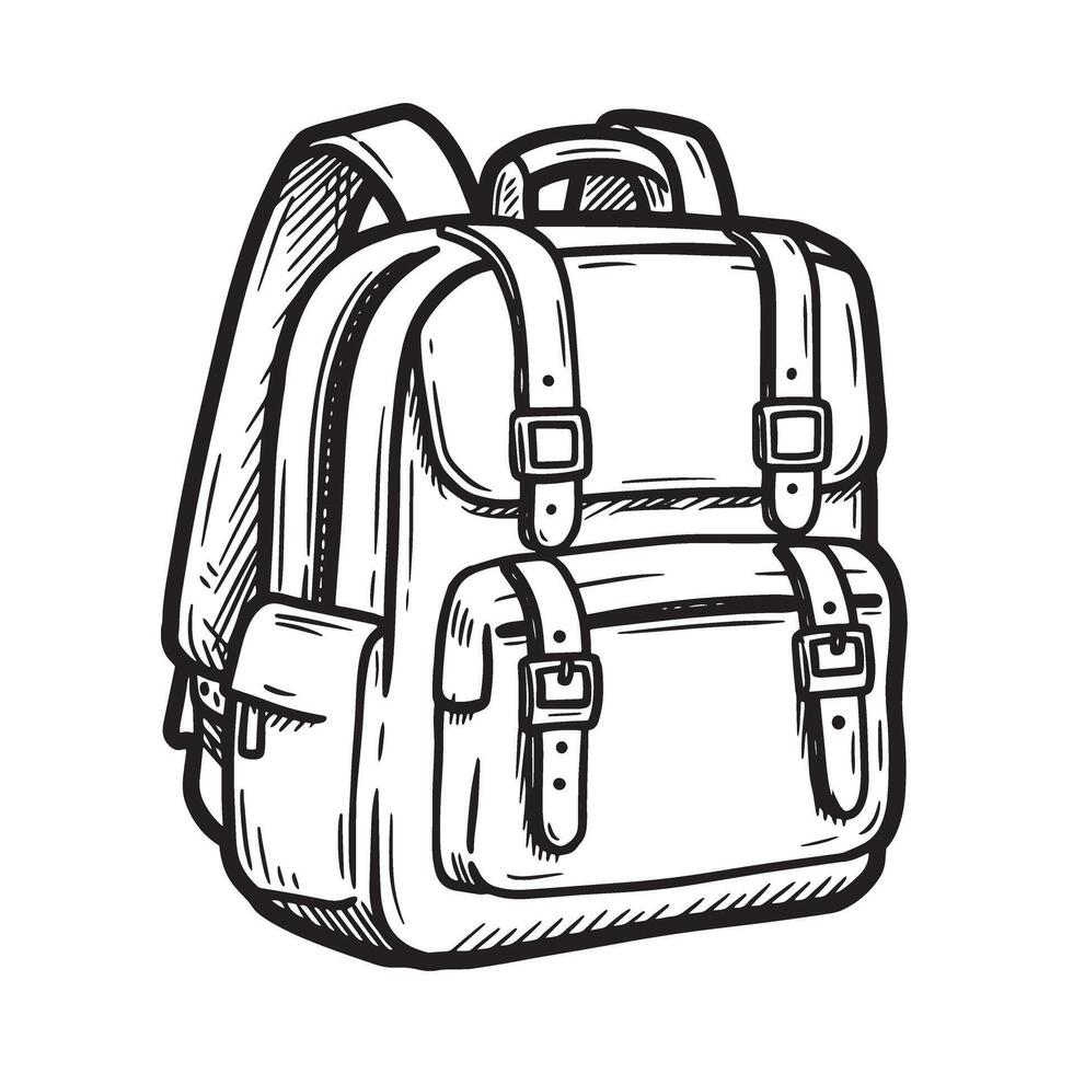 Hand drawn silhouette illustration of a stylish backpack with straps and buckles isolated vector