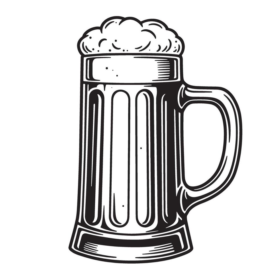 Classic black and white illustration of a beer mug filled with foamy brew for pubs and brewery themed designs silhouette vector