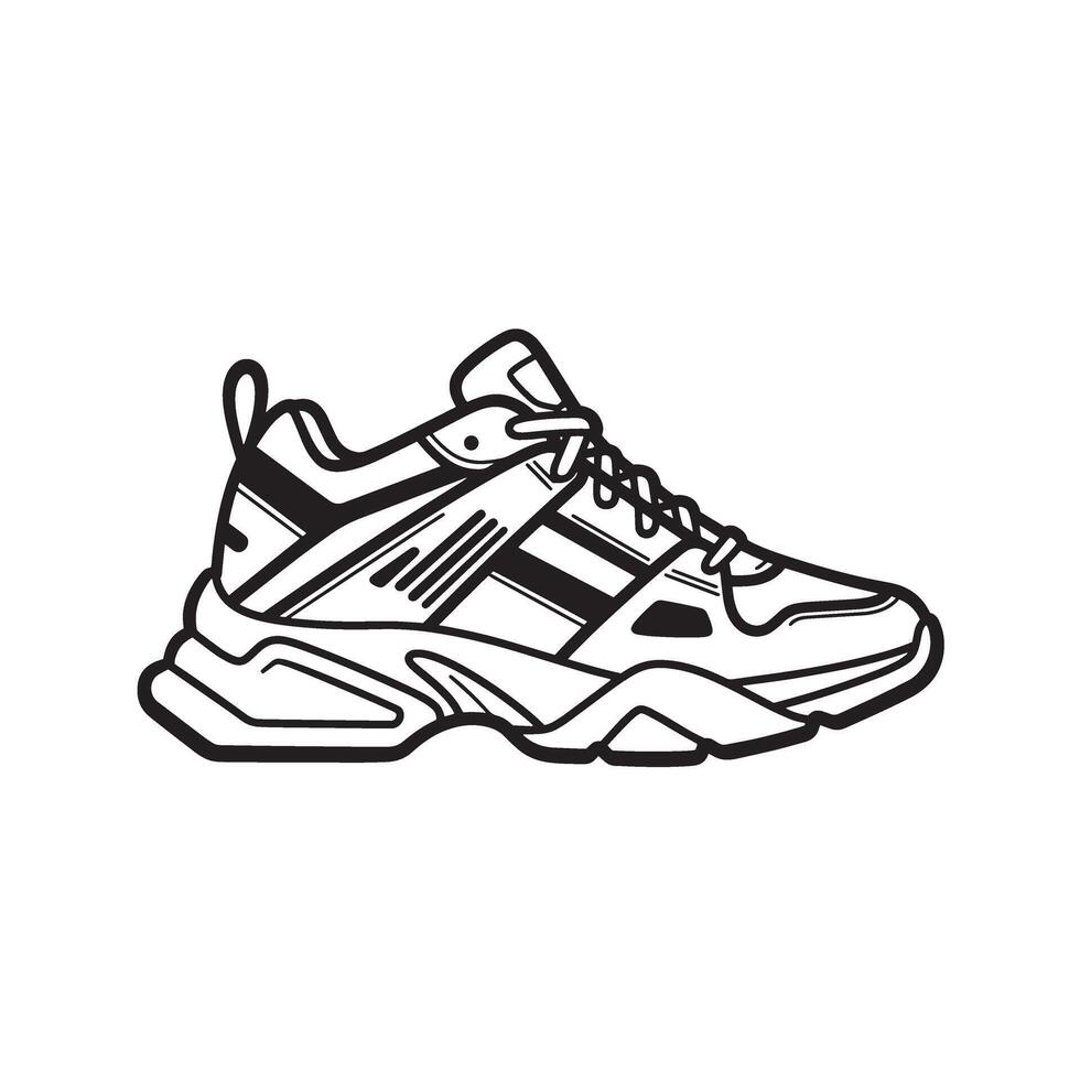 A detailed monochrome silhouette illustration of a chunky modern athletic sneaker showing intricate design and construction for fashion or footwear concepts. vector
