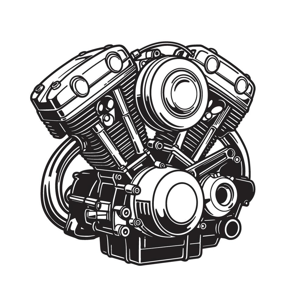 Detailed silhouette black and white illustration of a powerful motorcycle engine perfect for design and transportation concepts vector