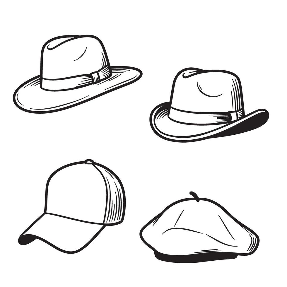 illustration of four stylish headwear silhouettes including fedora baseball cap and beret designs in black and white vector