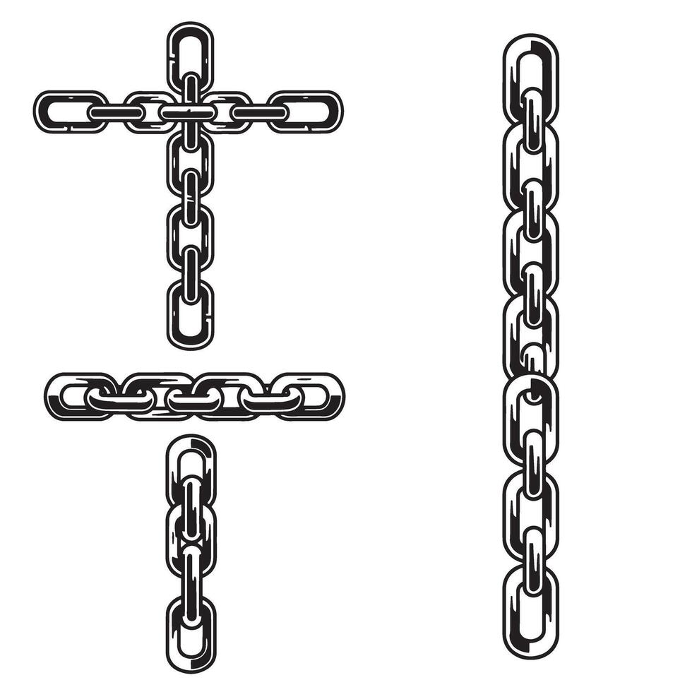 Black and white chain illustrations showcasing variations of linked chain designs arranged in different geometric forms over a pristine white background vector